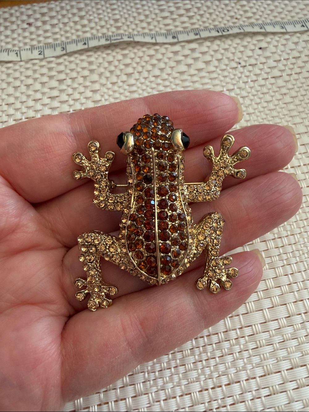 Gold-Tone Frog Brooch with Amber Rhinestones